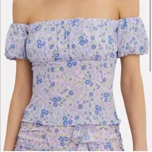 Intermix Valentina Silk floral smocked off shoulder top purple blue & green 4